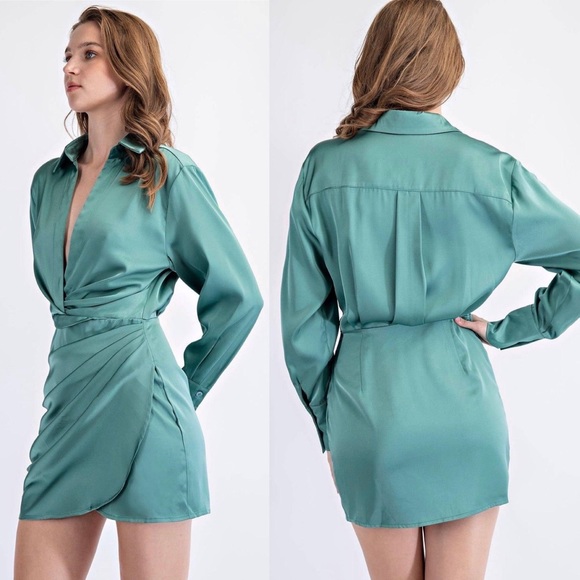 NWT Emerald Green Satin Low Cut Mini Shirtdress - Picture 7 of 8